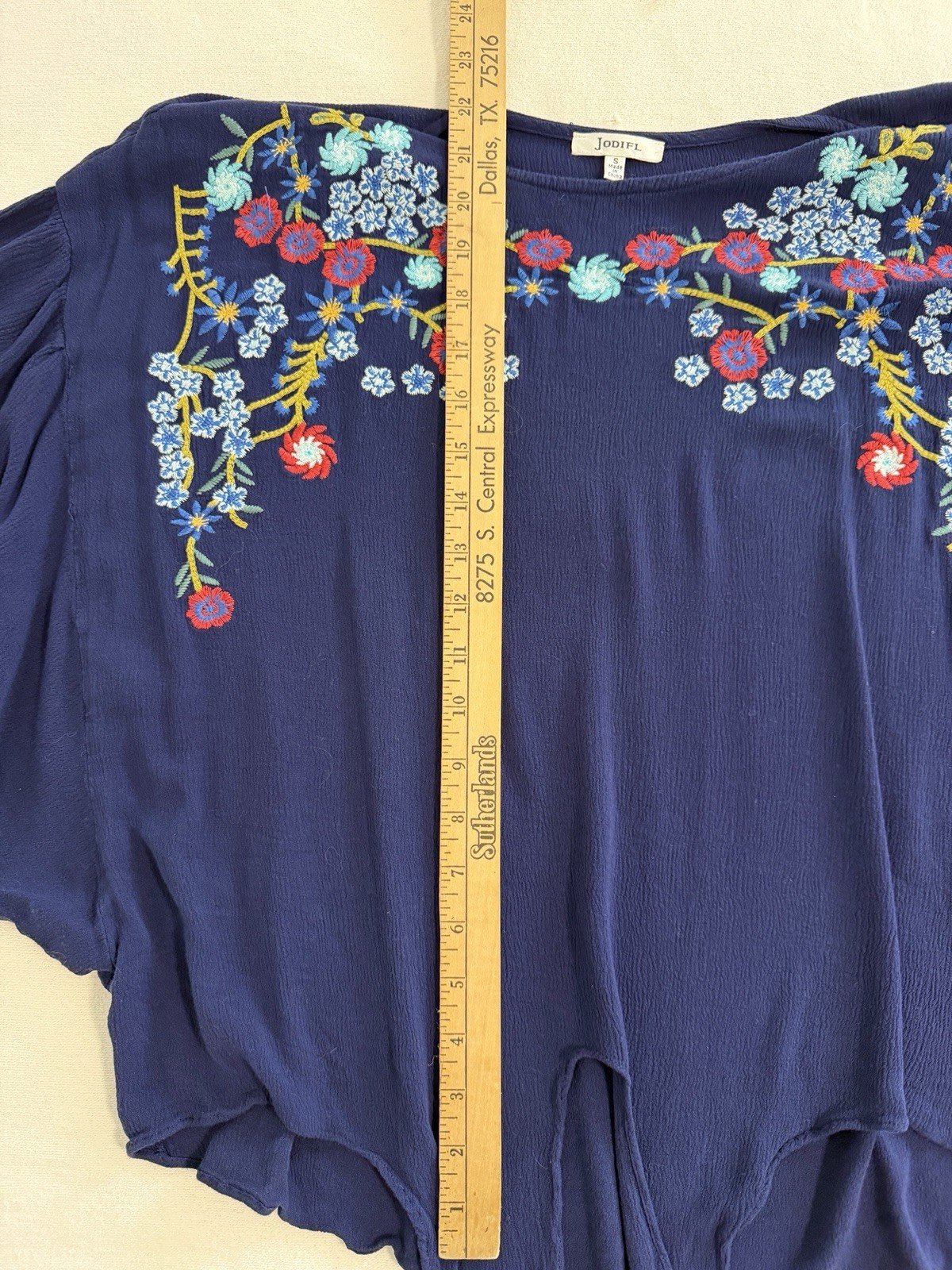 Jodifl Navy Blue Embroidered Floral Boho Peasant Blouse Top Small