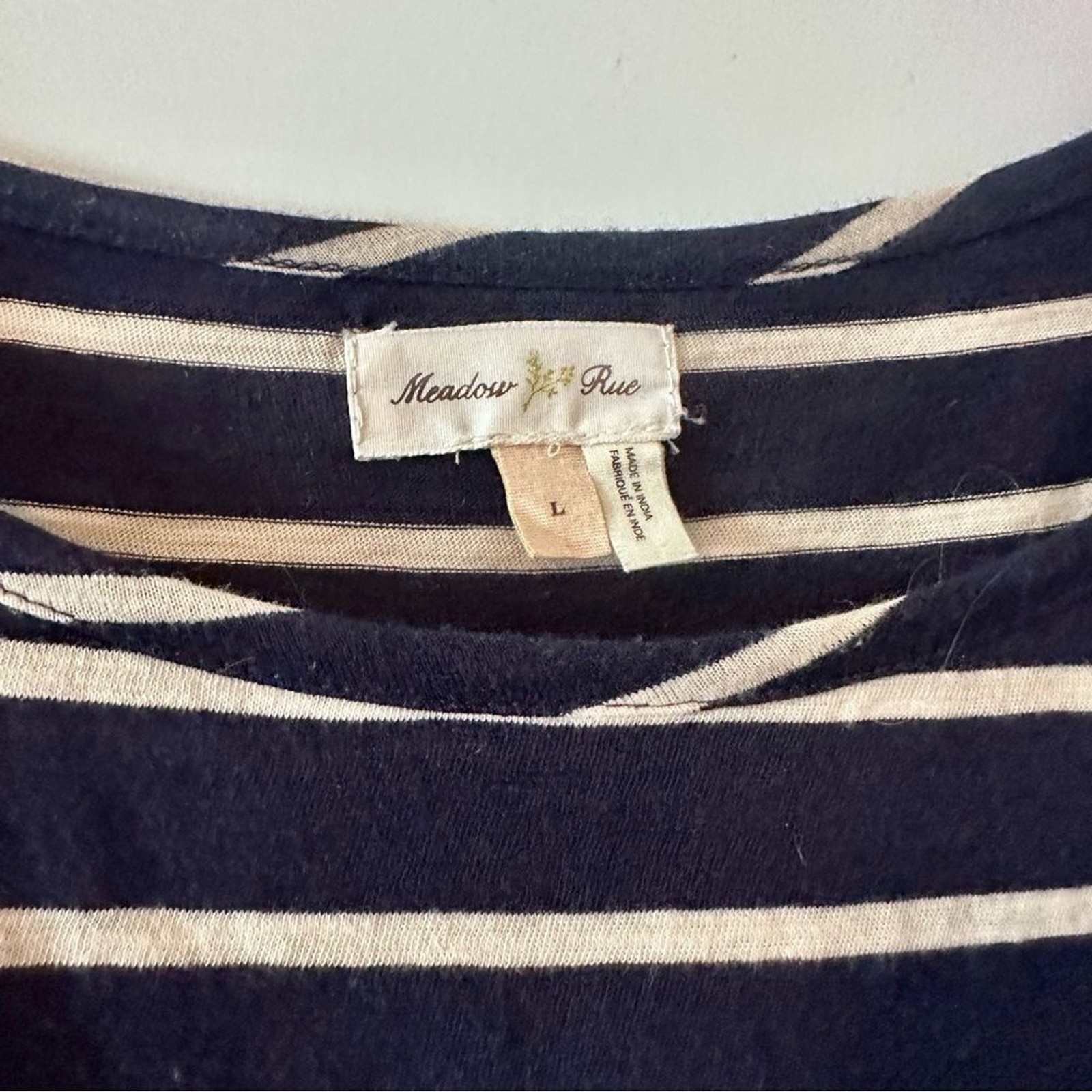 L Navy and white striped Meadow Rue 3/4 sleeve boat neck top