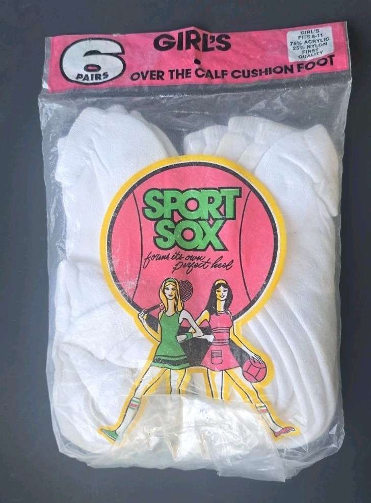 Vintage NOS Girls Sport Sox Over Calf Cushion Foot White Athletic Socks Sealed