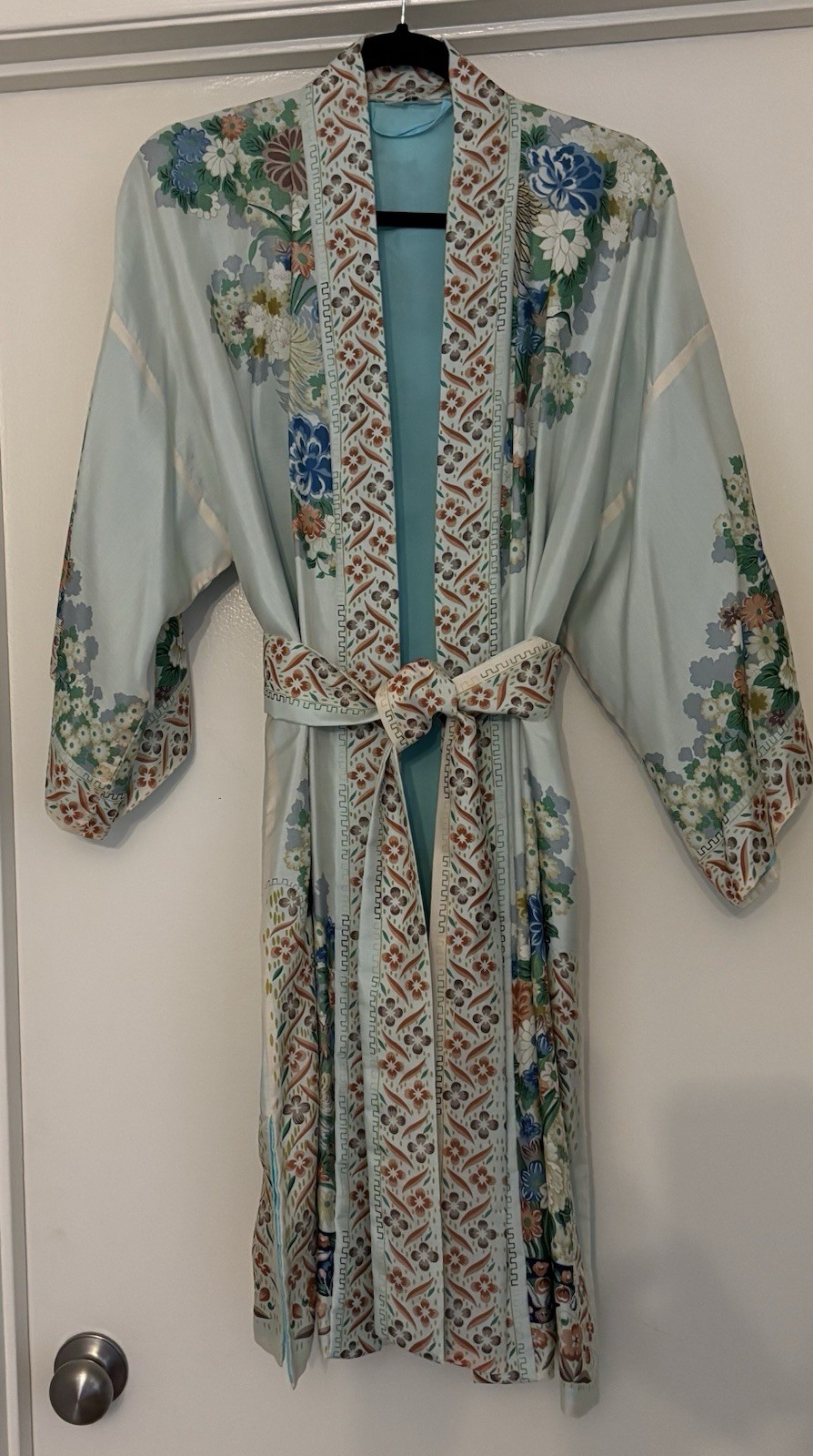 100% Silk Robe Made In Japan Pale Blue, Floral With a Pale Aqua Lining. One Size