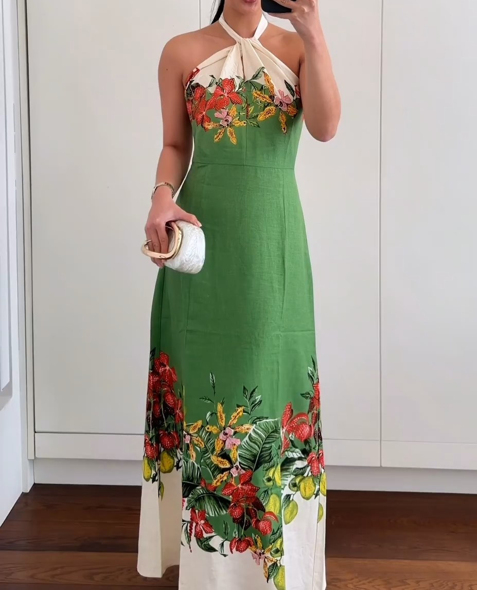 NWT H&M Linen-blend Halterneck Dress Green/flowers 1329753001 Sizes S, M, L