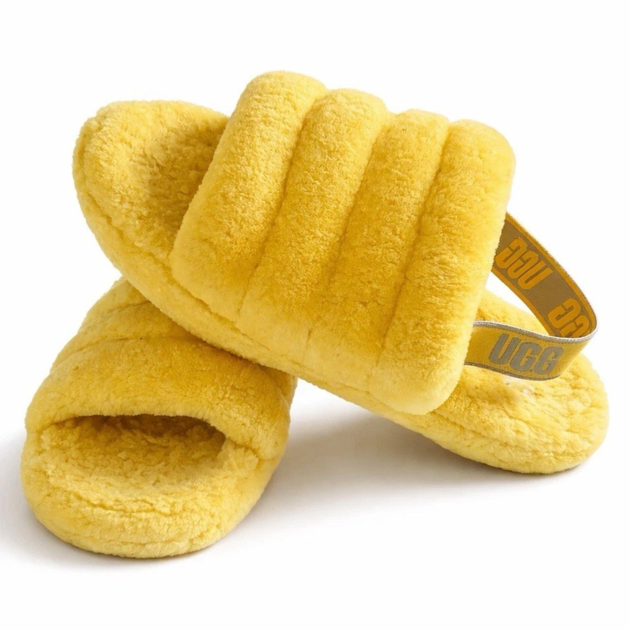 UGG Fluffy Slide Slippers Yellow Plush Open Toe Cozy Women’s Slip-On Sandals