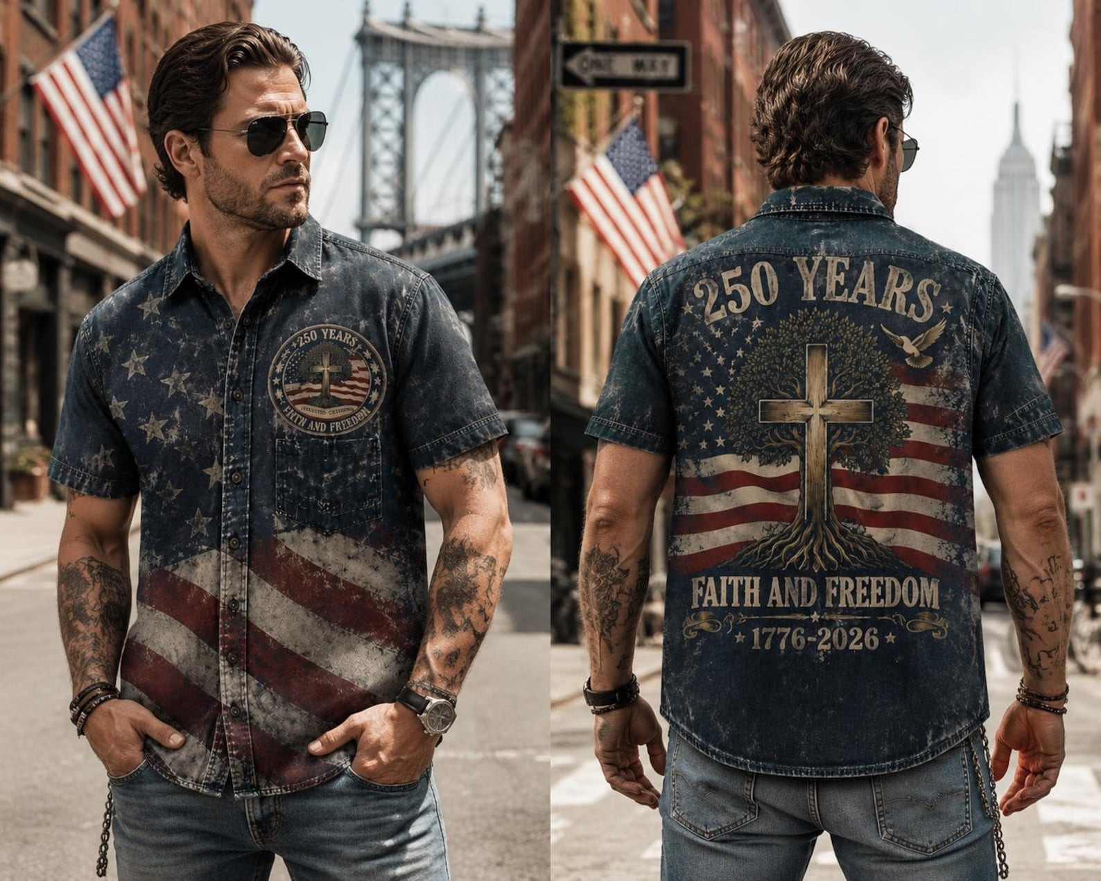Vintage Patriotic 250 Years Faith & Freedom Shirt, Men’s American Flag Cross Tee