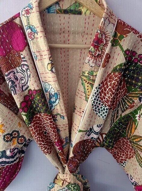 Indian Kantha Kimono Handmade Long Nightwear Gown Winter Jacket Cardigan Dress