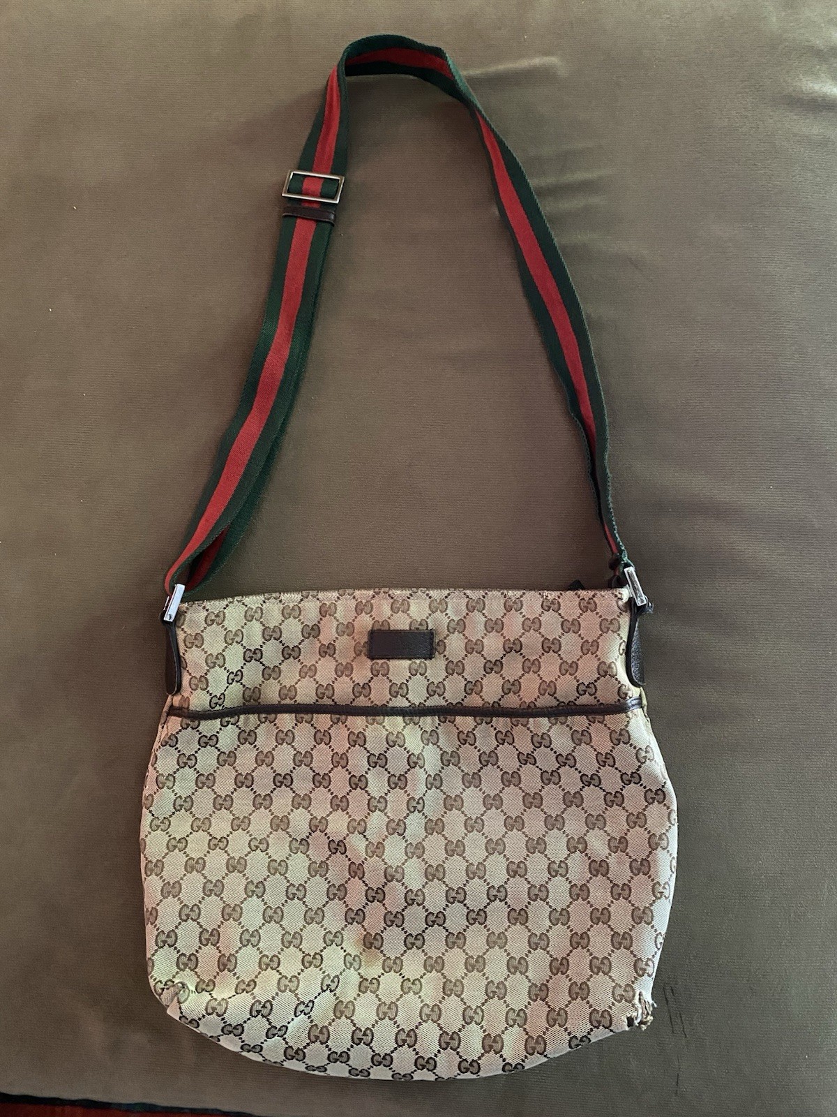 Gucci GG Pattern Shoulder Bag Beige/Brown Adjustable Web Strap Green/Red Silver