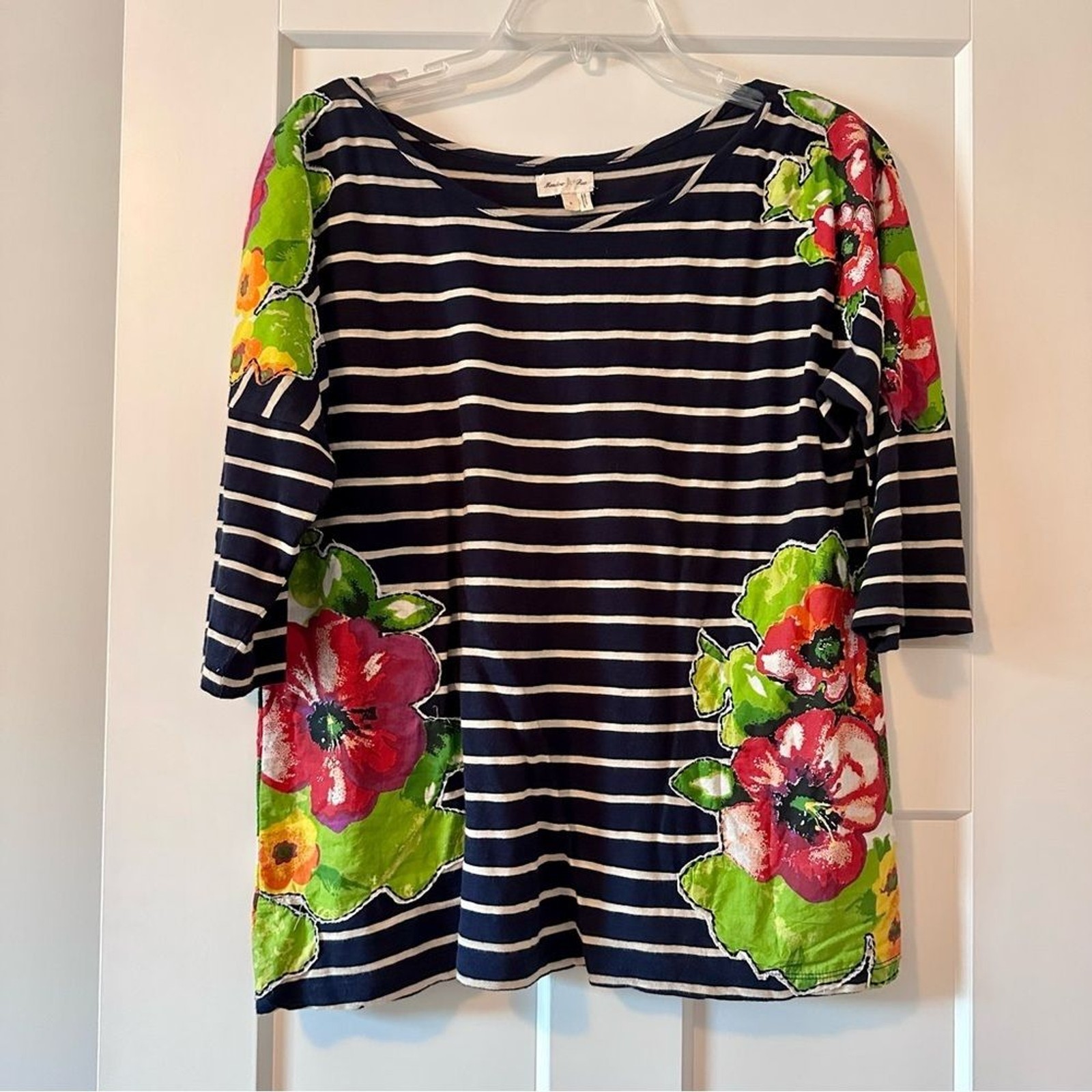 L Navy and white striped Meadow Rue 3/4 sleeve boat neck top