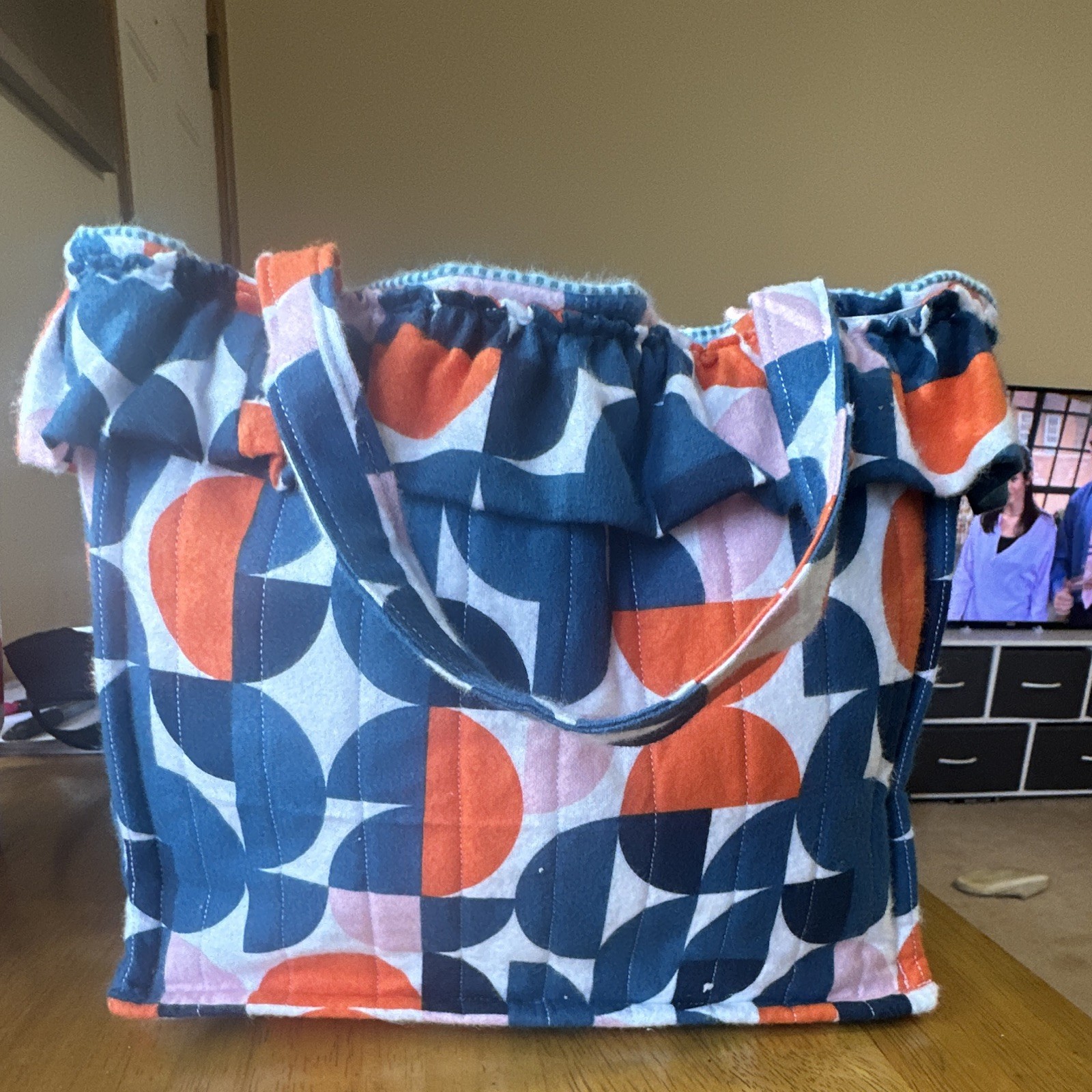 Quilted Blue Orange Pink Geometric Tote Bag, Double Handles handmade