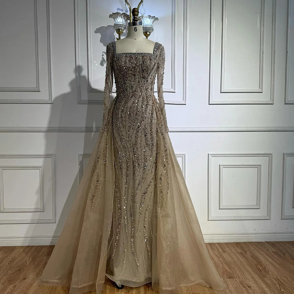 Arabian Caramel Beaded Mermaid Evening Gown with Luxury Formal Dress –