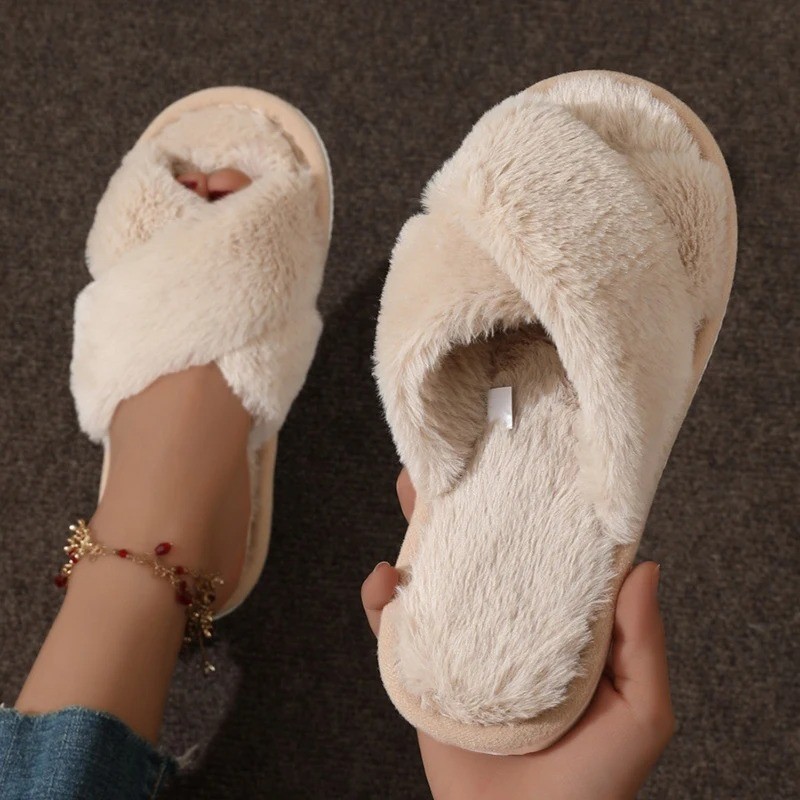 Cross Warm Fluffy Fur Slippers Women Open Toe Non Slip Home Floor Shoes