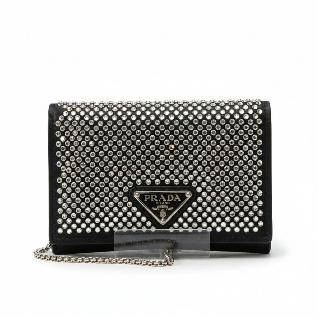PRADA Rhinestone Flap Card Holder Mini Bag Black Silver ta1