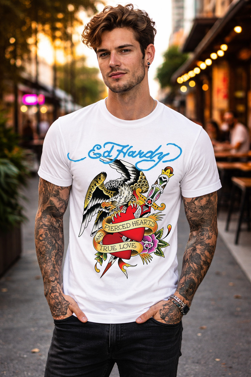 Men’s White Ed Hardy Eagle Dagger Graphic T-Shirt Retro Tattoo Style Concert Tee