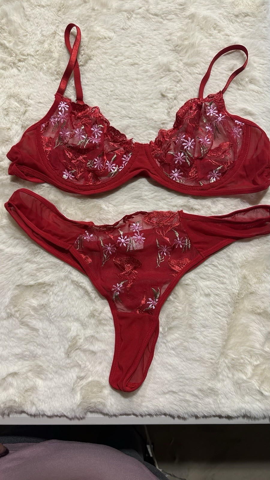 Red Lace Mesh Bra & Panties Set, Floral, Size L, New