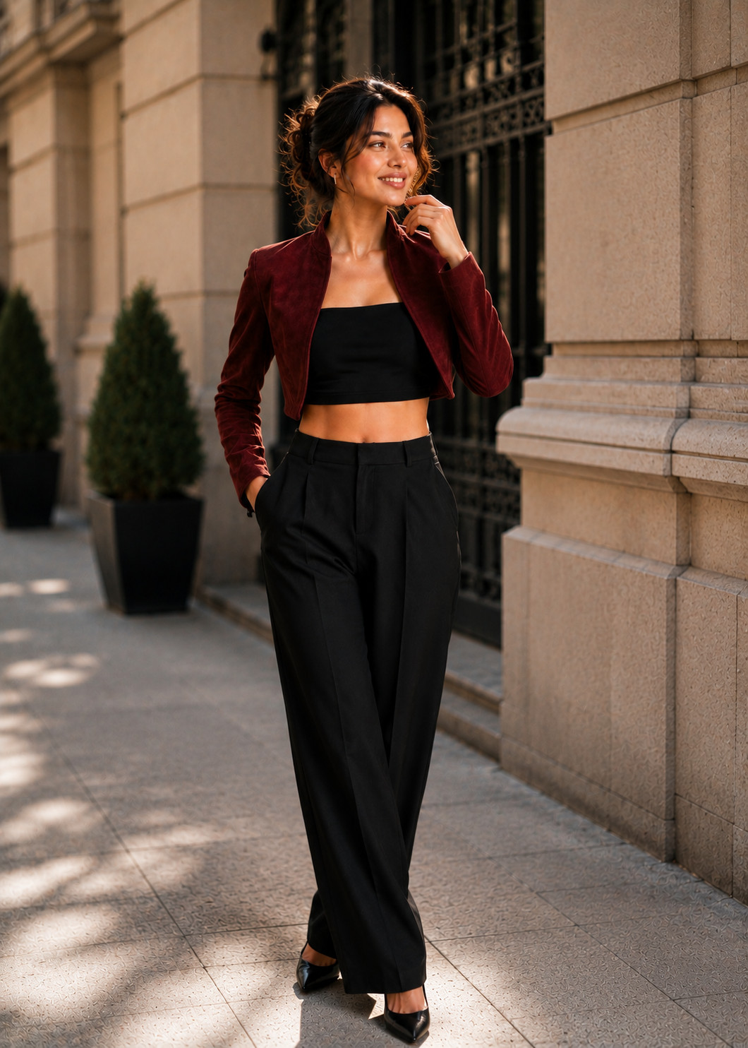 Women’s Burgundy Suede Lambskin Leather Crop Moto Biker Jacket – Slim Fit Coat