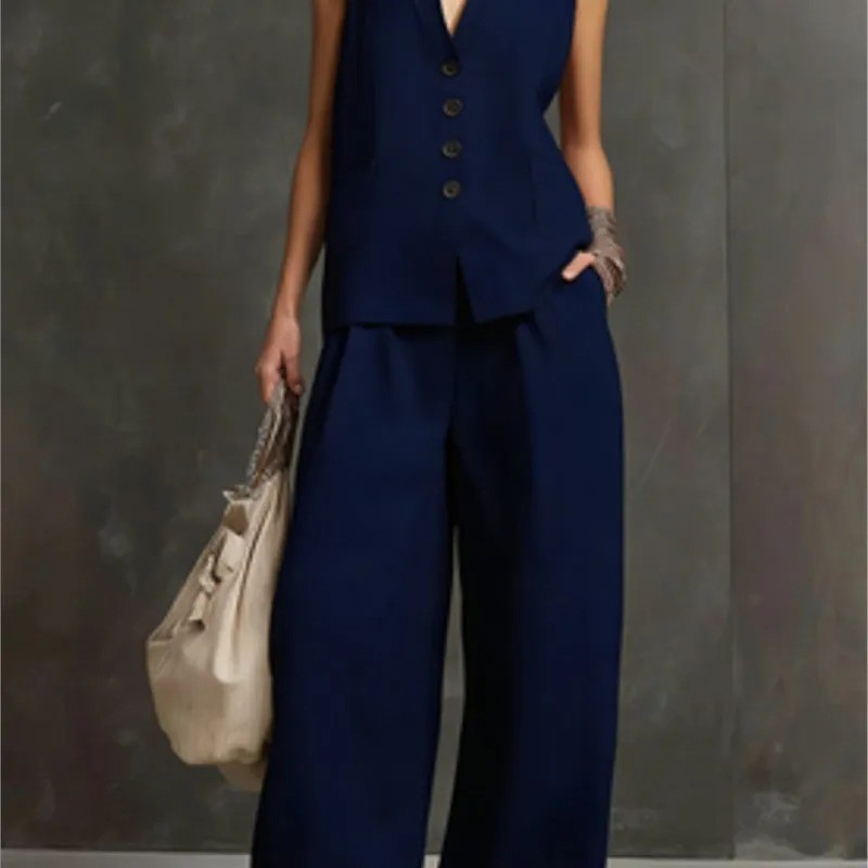 Women Solid Buttons Vest + Pocket Wide-leg Pants Suit Women Casual Two Piece Set