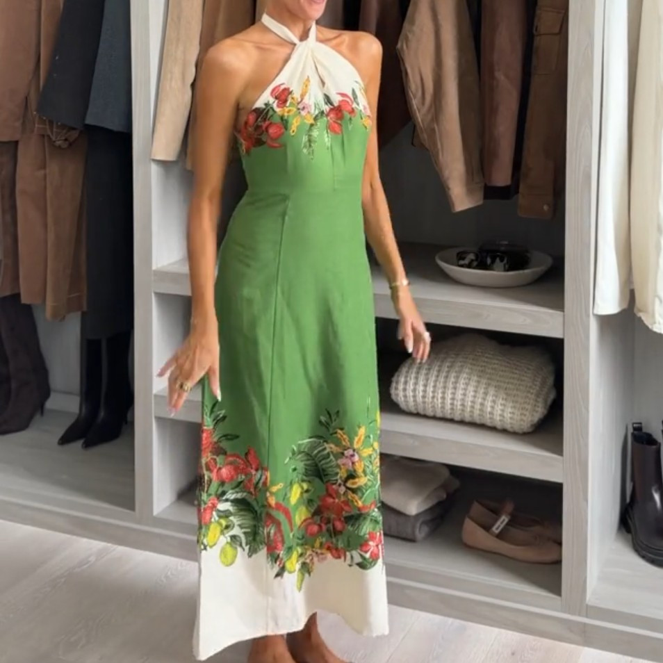 NWT H&M Linen-blend Halterneck Dress Green/flowers 1329753001 Sizes S, M, L