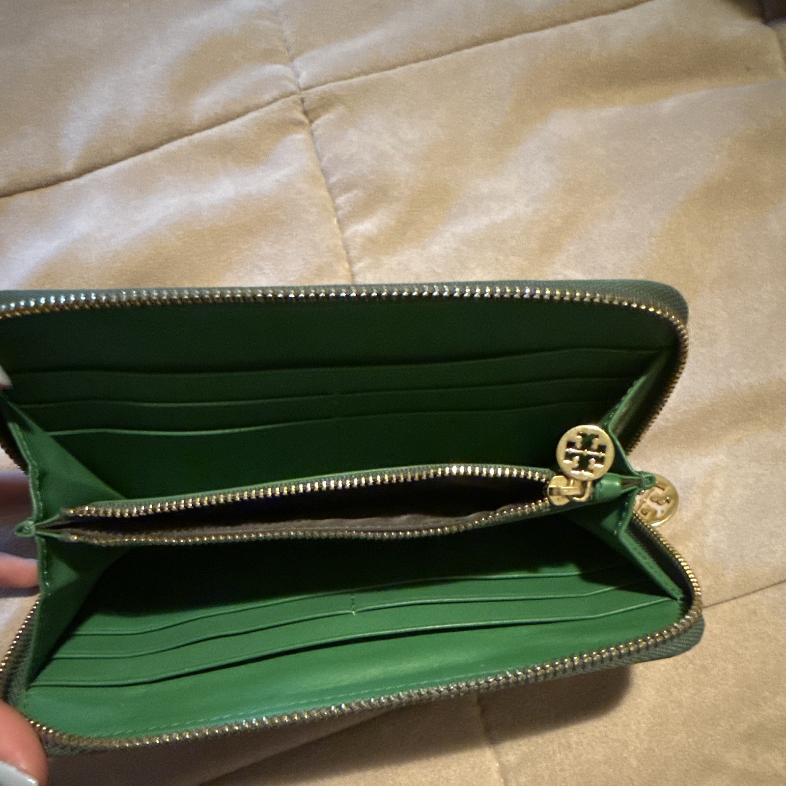 Tory Burch Green Zip-Around Wallet Gold Logo Medallion Multiple Card Slots