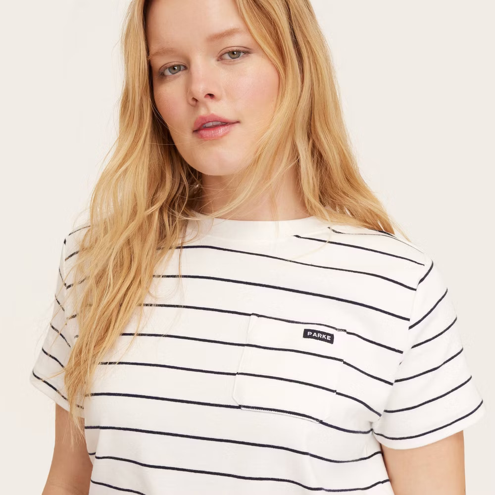 Women Short Sleeve Crewneck Pocket T-Shirt – Parke Navy Blue Striped XS