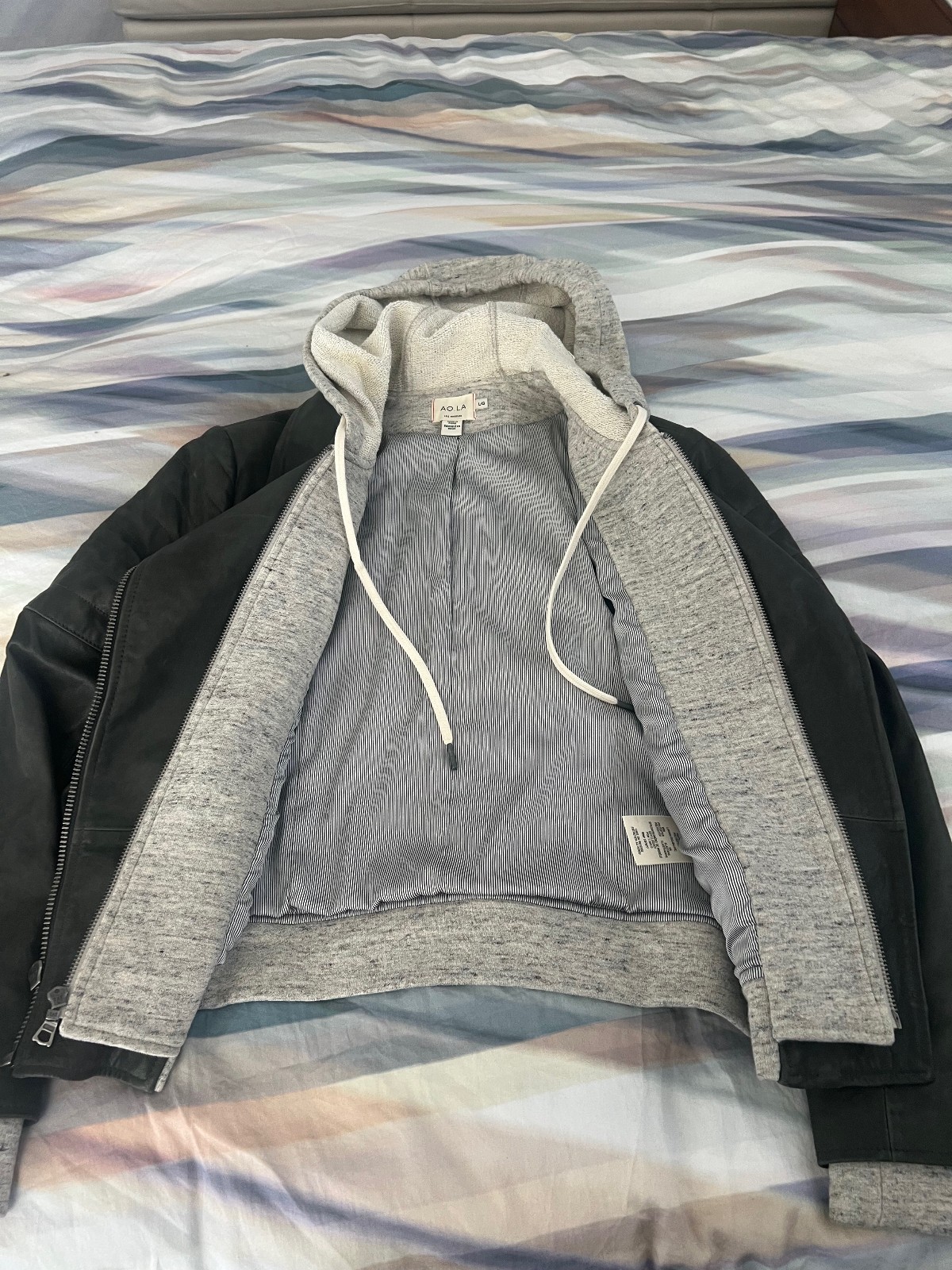 AO.LA by Alice + Olivia Lamb Leather Gray Biker Jacket w/Hood L/G-Moderate Use