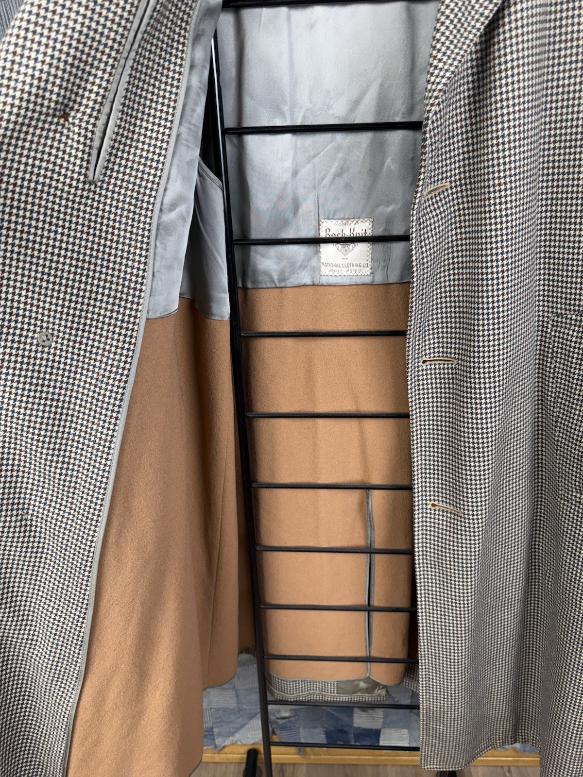 50s VINTAGE Rock-Knit Tailored Houndstooth Overcoat Size 44 Wool BEAUTIFUL Lined