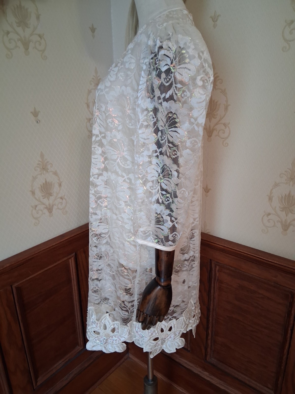 Vintage 1980s Desiree Ivory Sheer Iridescent Lace Romantic Coquette Mini-Dress