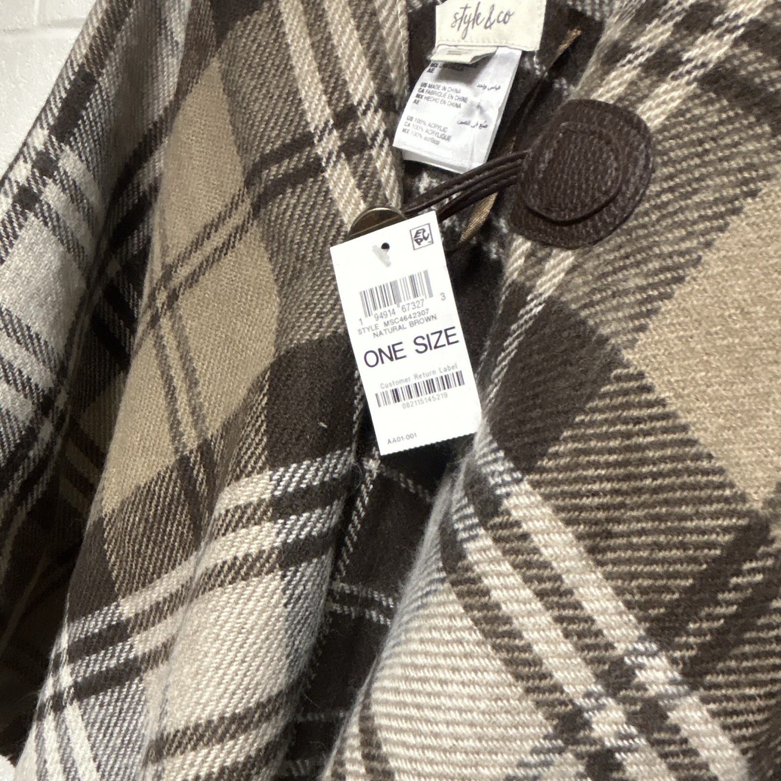 Style & Co Plaid Acrylic Knit Button Shawl Wrap One Size Beige Brown Black