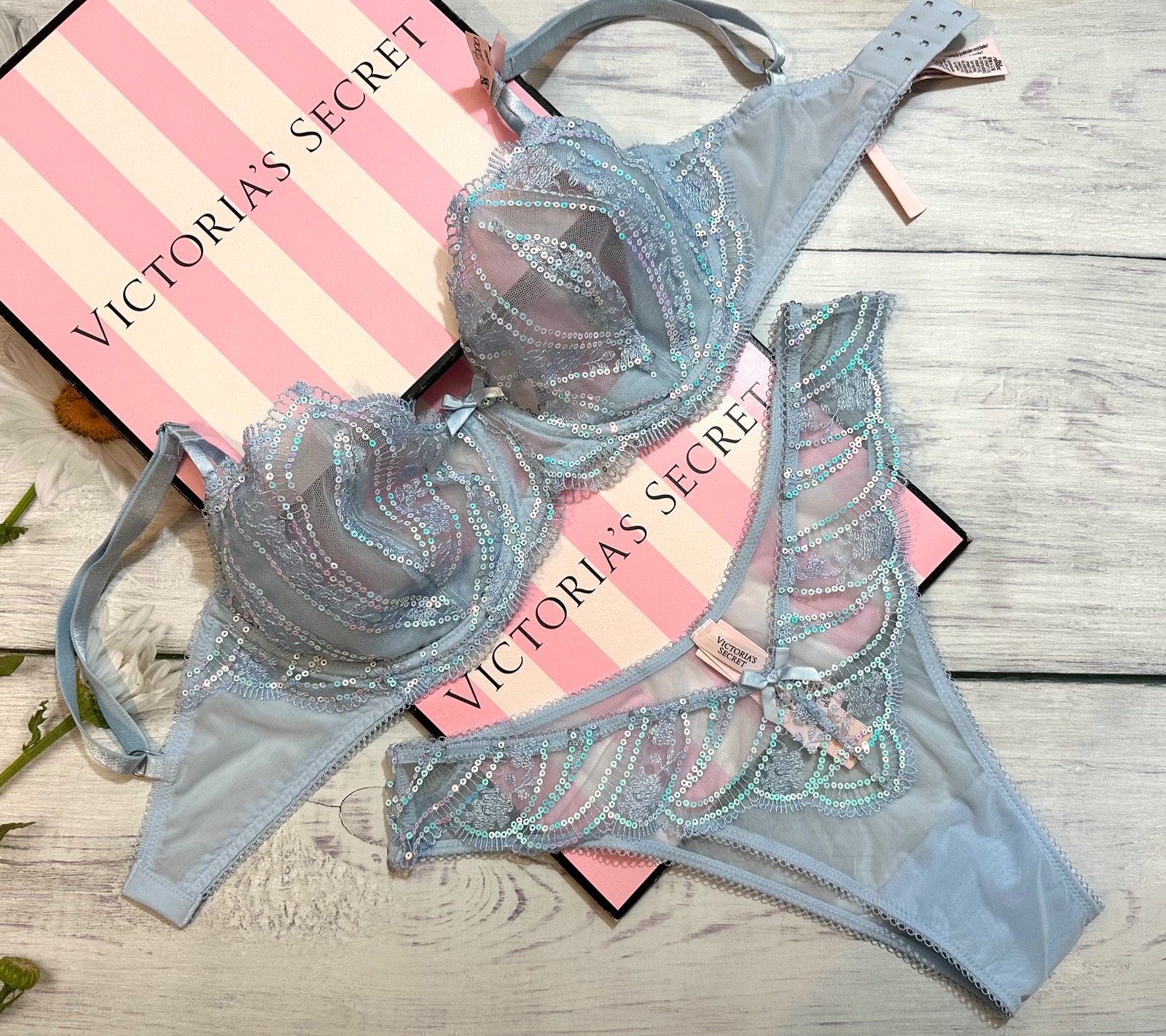 Victoria’s Secret Wicked Iridescent Embroidery Unlined Bra Panty Set Blue