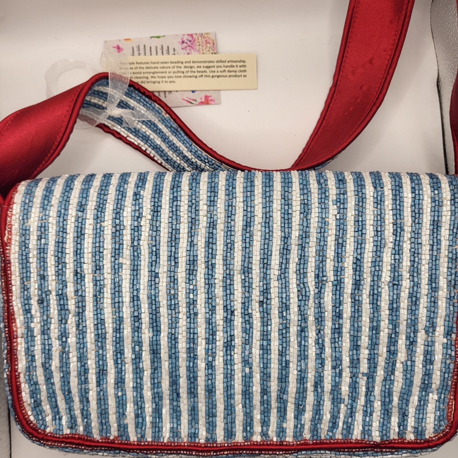 New Handcrafted in India Lobster Beaded Shoulder Bag Red Blue with Bag Charm
