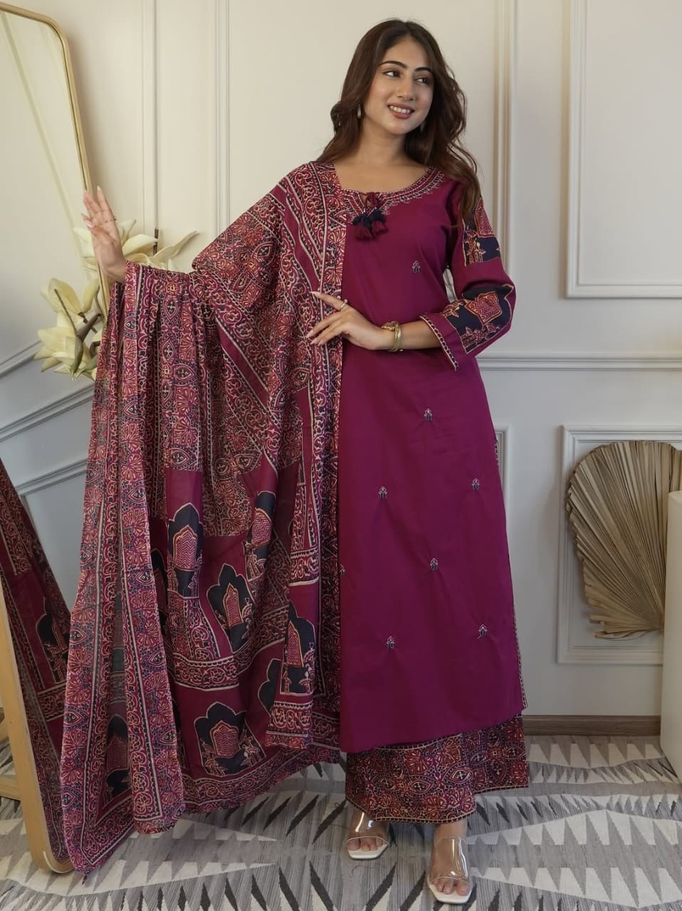 BOHO EMBROIDERED COTTON KURTI PANT DUPATTA SET WOMEN 3PC POCKET SUIT SIZE 3XL UP