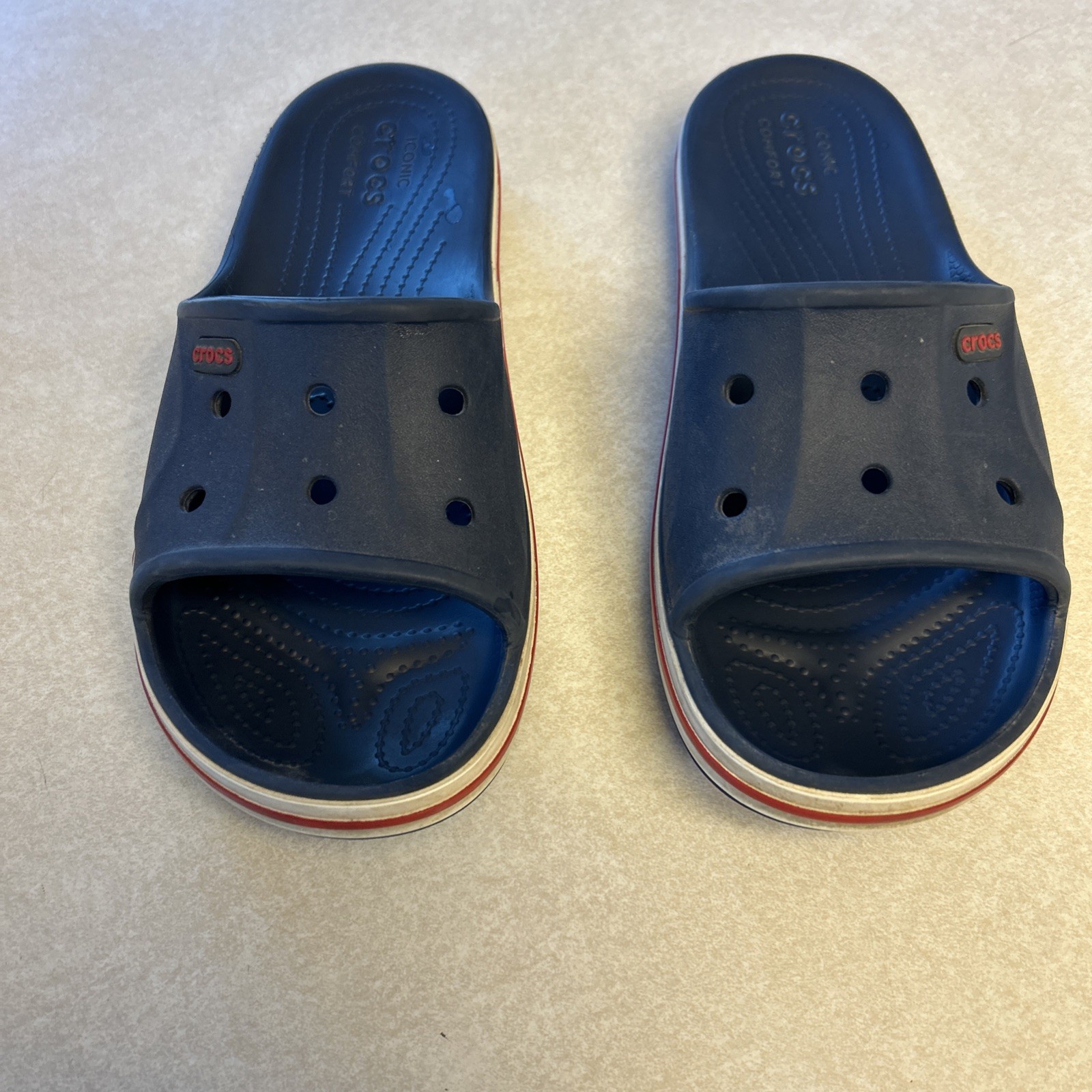 Crocs Bayaband Navy Blue Red White Slip-On Slide Sandals Womens Size 9 Mens 7