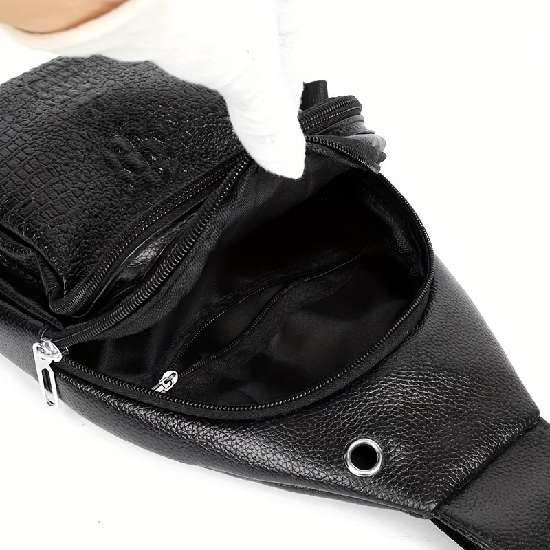 Men’s PU Leather Sling Bag, Crossbody Chest Pack Multi-Pocket, Travel Daypack