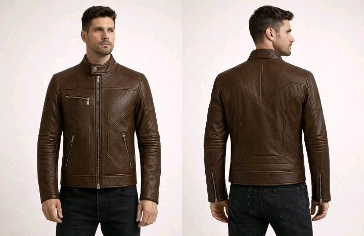 Men’s Brown Leather Jacket Slim Fit Cafe Racer Motorcycle Real Leather Coat