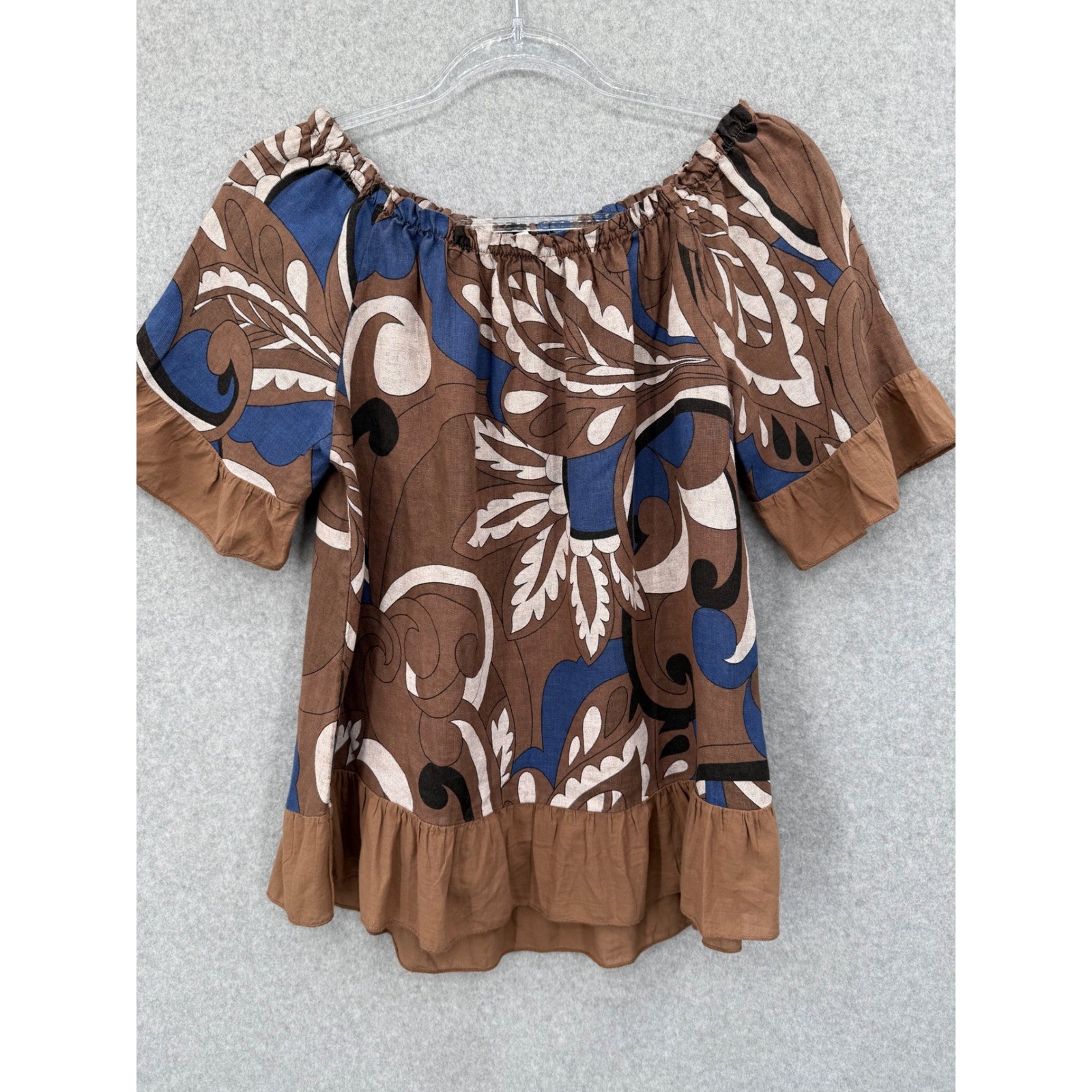 Terzo Millennio Blouse Women Small Brown Abstract Paisley Ruffle Linen Italy