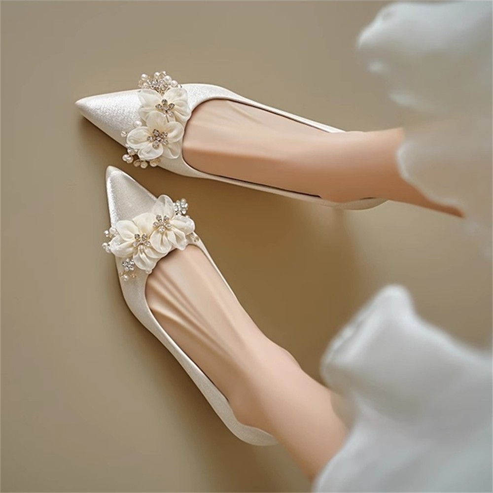 Women’s Flower Pearl Pointed Toe Stiletto Heel Pumps Slip On Wedding Bride Shoes