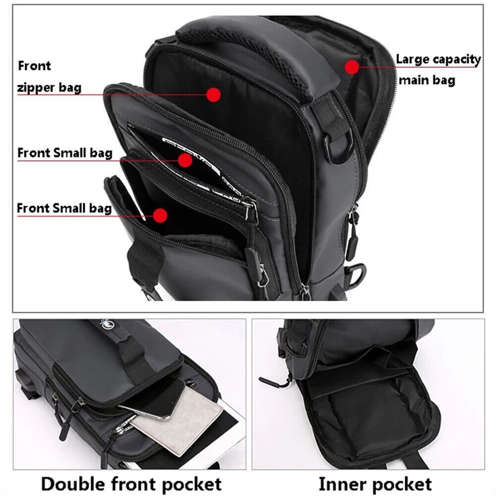Men’s Sling Crossbody Bag Anti-theft Chest Pack Shoulder Backpack USB Waterproof