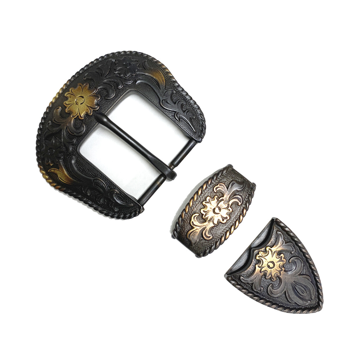 WESTERN COWBOY ANTIQUE BRASS ENGRAVED ROPE EDGE BUCKLE SET FITS 1-1/2″ BELT
