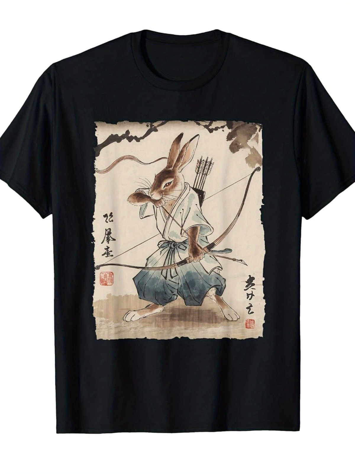 Samurai Rabbit Archer Graphic T-Shirt Japanese Manga Style Warrior Bunny Tee