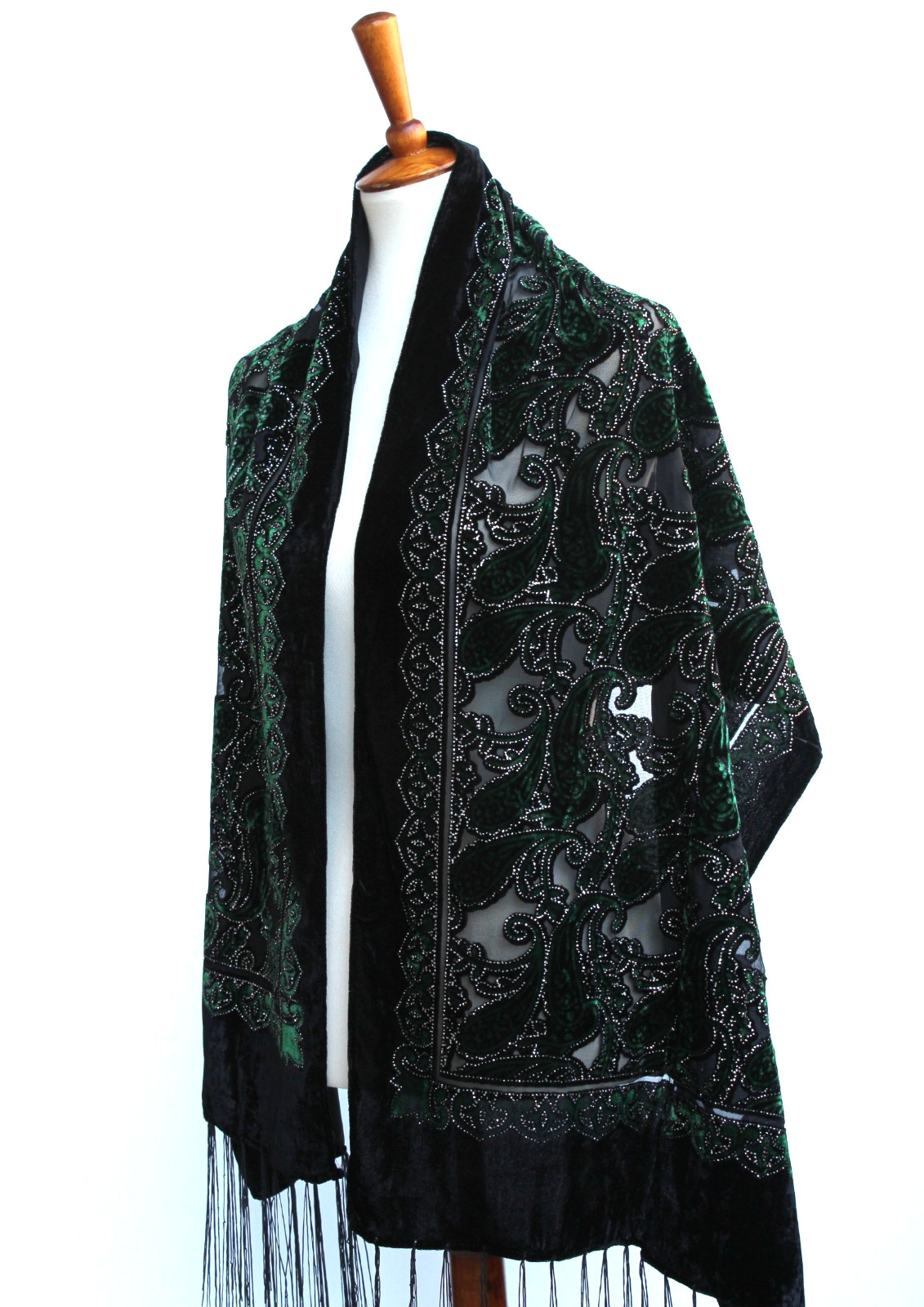 Elegant Black & Emerald Green Color Flower Silk Burnout Velvet Shawl Scarf Wrap