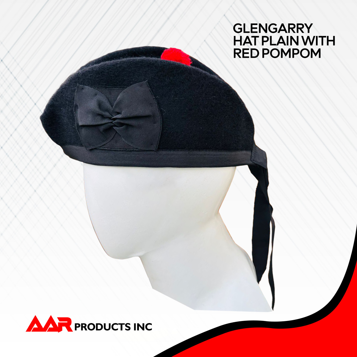 Scottish Glengarry AAR Plain Hat Red Pompom on Top 100% Wool cotton