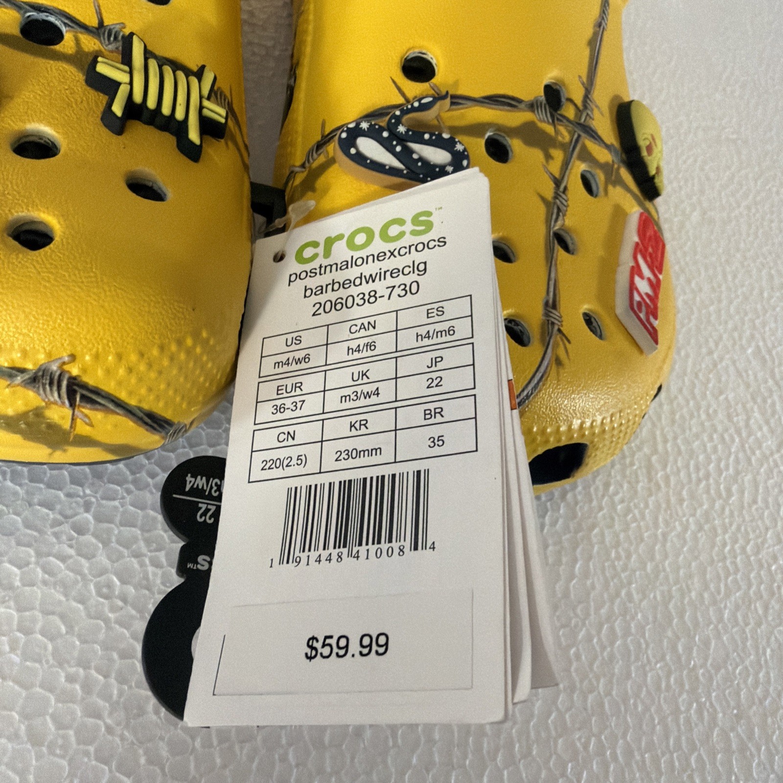 Post Malone Barbed Wire Crocs Yellow w/ Jibbitz Size Men 4 Women 6 Posty X 2019