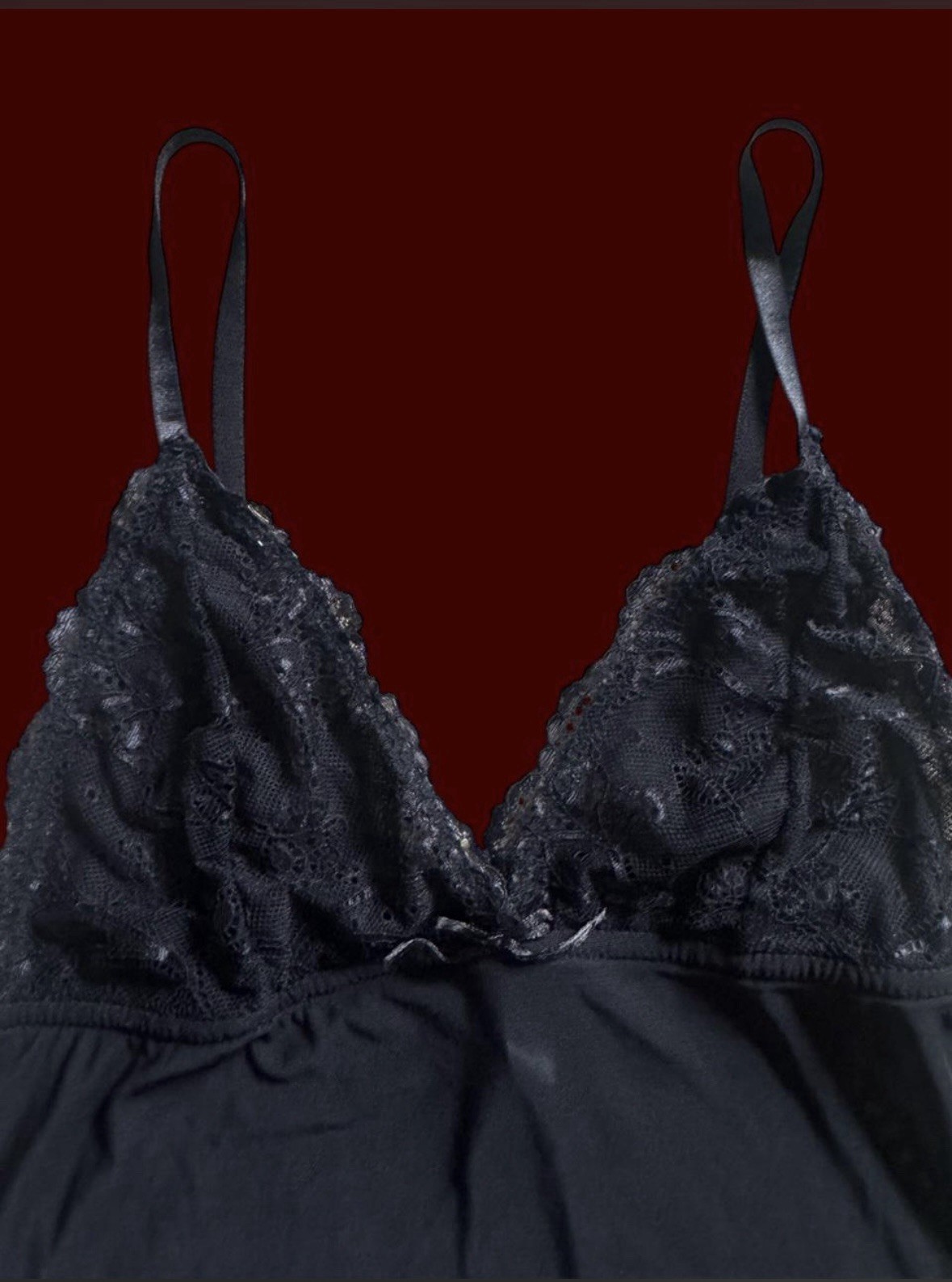 Black Lace Sheer Mesh Cami Top with Spaghetti Straps and Ruffled Hem