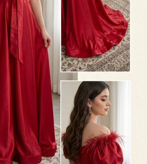 Elegant Red Satin Evening Dress Balloon Puff Sleeve Maxi Party Gown Gently Used