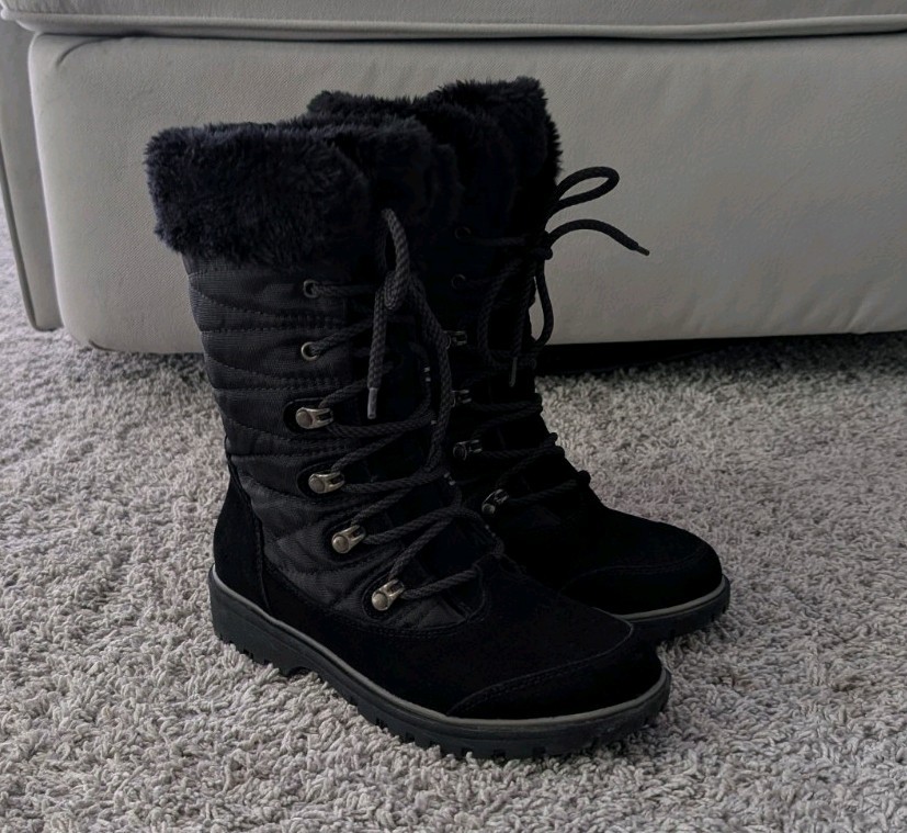 Baretraps Black Leather Faux Fur Trim Lace-Up Mid-Calf Round Toe Boots 6.5M