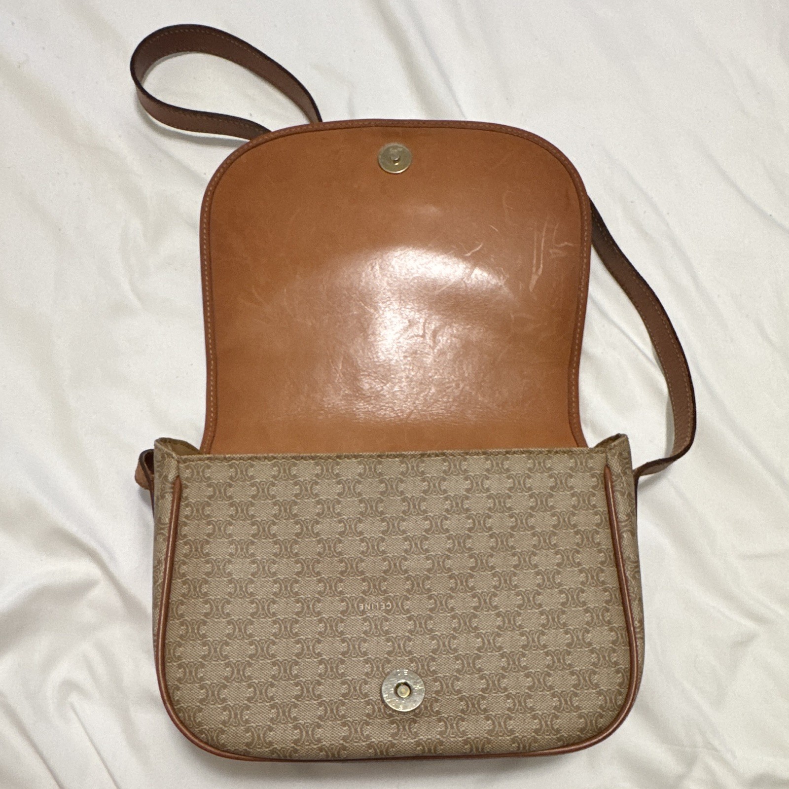 CELINE Triomphe Crossbody Bag Beige/Brown, Magnetic Buckle, Gold Hardware