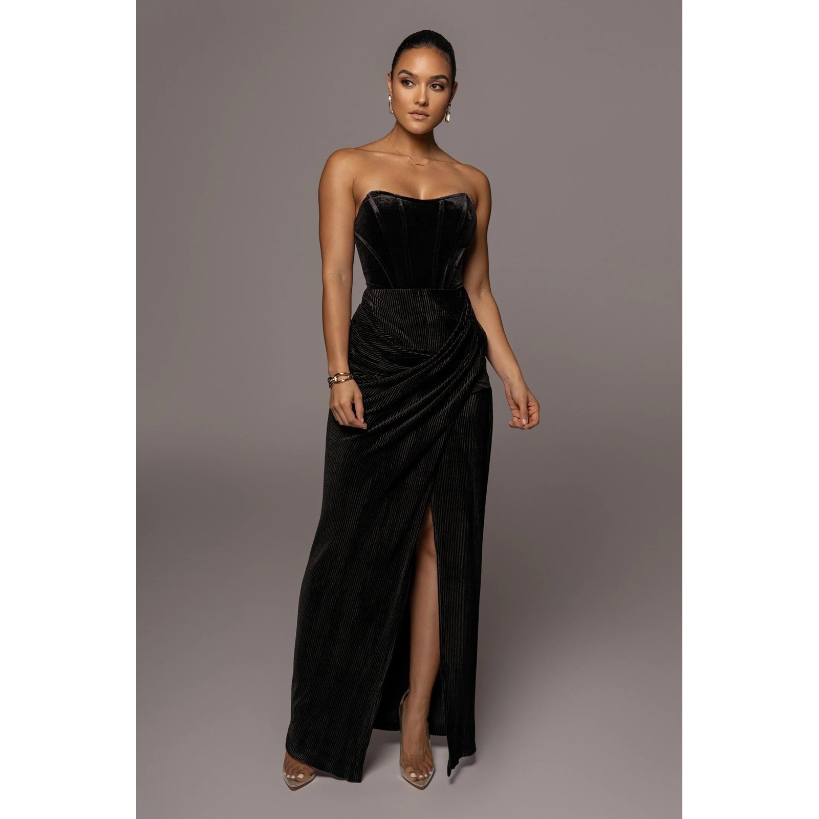 JLUXLABEL Black Velvet Sexy Corset Top & Metallic Pleated Maxi Skirt Set Medium