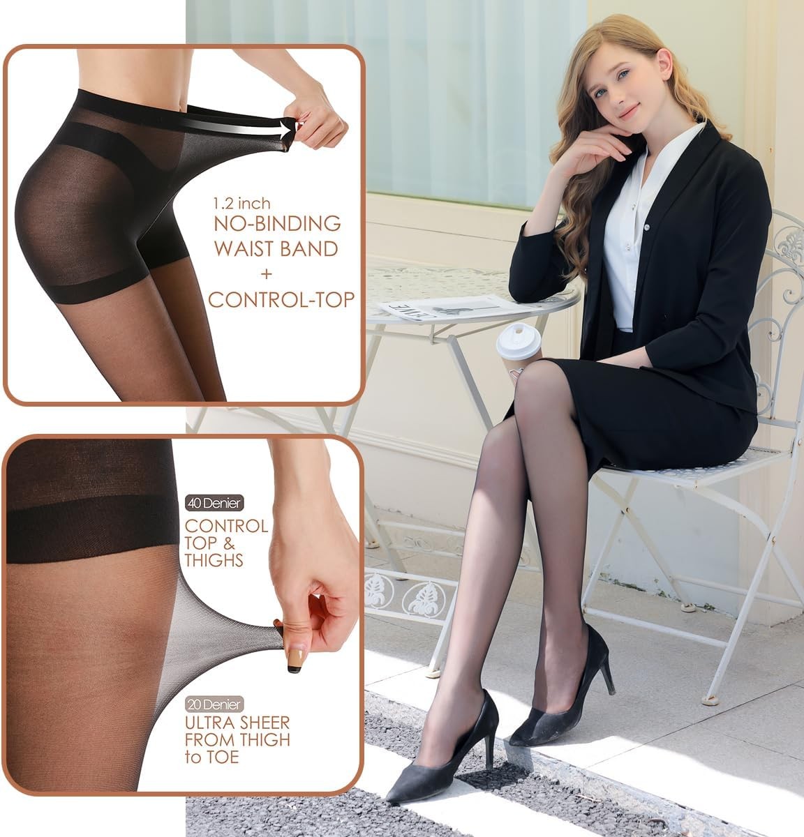 3 Pairs Women’s Sheer Tights – 20D Control Top Pantyhose with Reinforced Toes