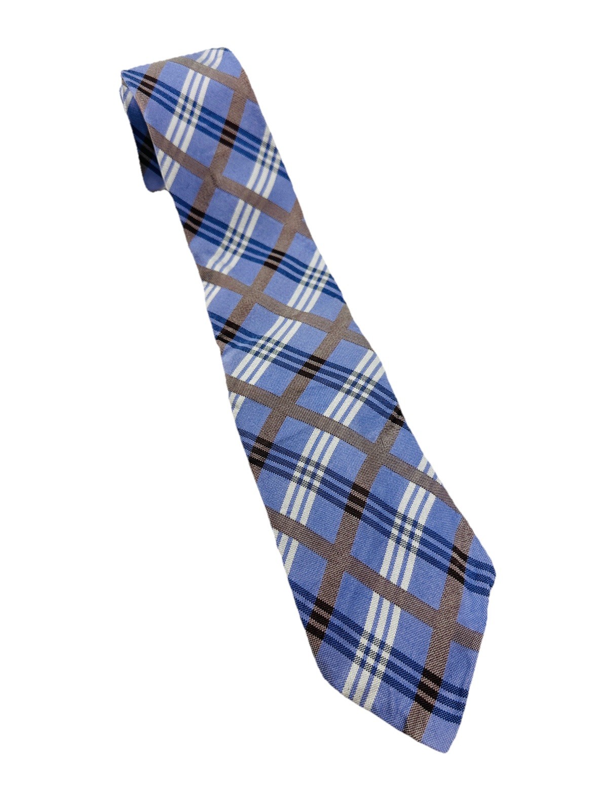 Vintage Dockers Silk Tie 60”x3.5” Periwinkle & Tan White Plaid Tartan Design