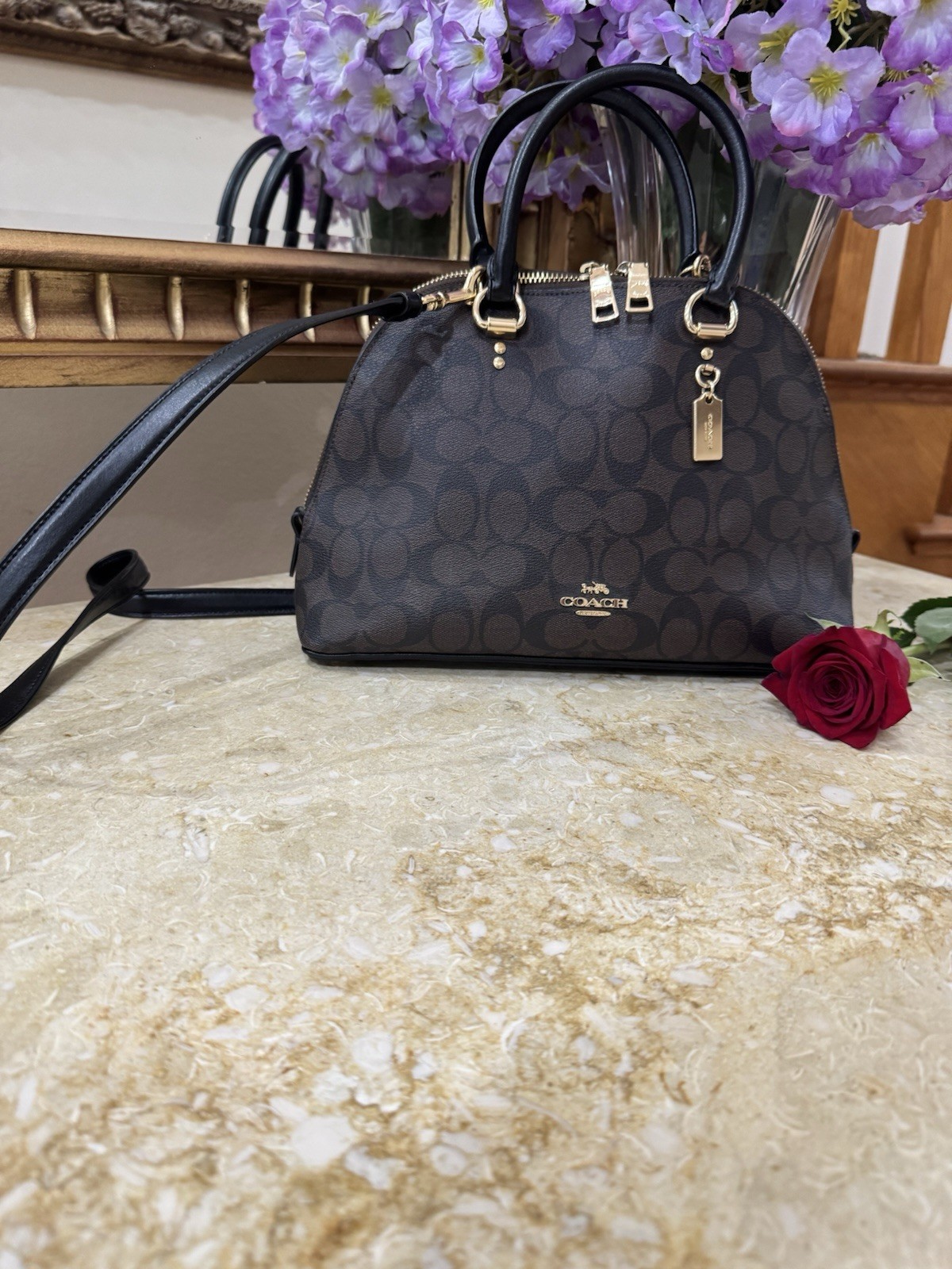 Coach Signature Dome Satchel Black/Gray Gold Hardware Zip w/ Detachable Strap