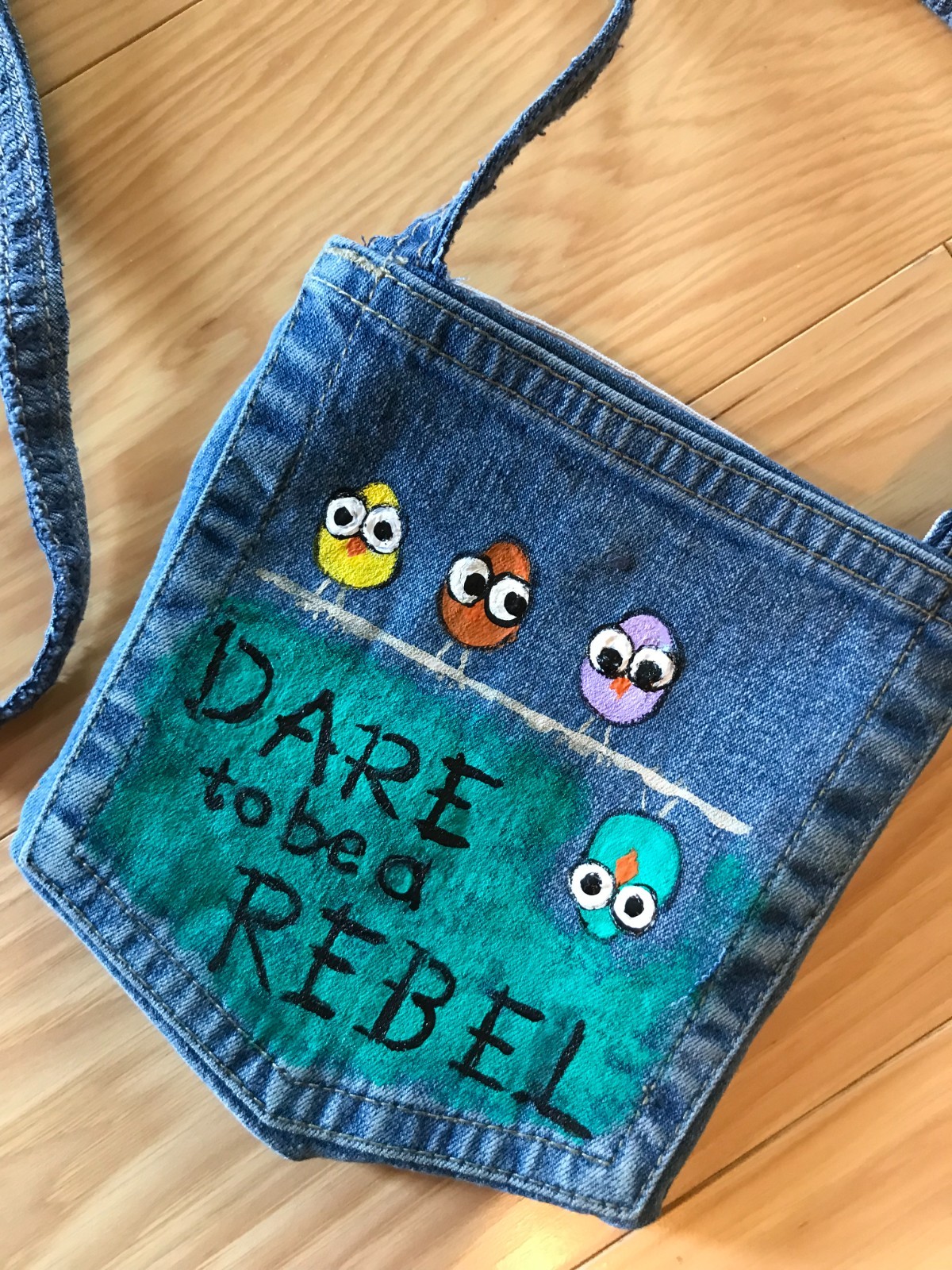 Crossbody Jean Purse, Handmade Over Shoulder Cell Phone Bag, Whimsical Birds