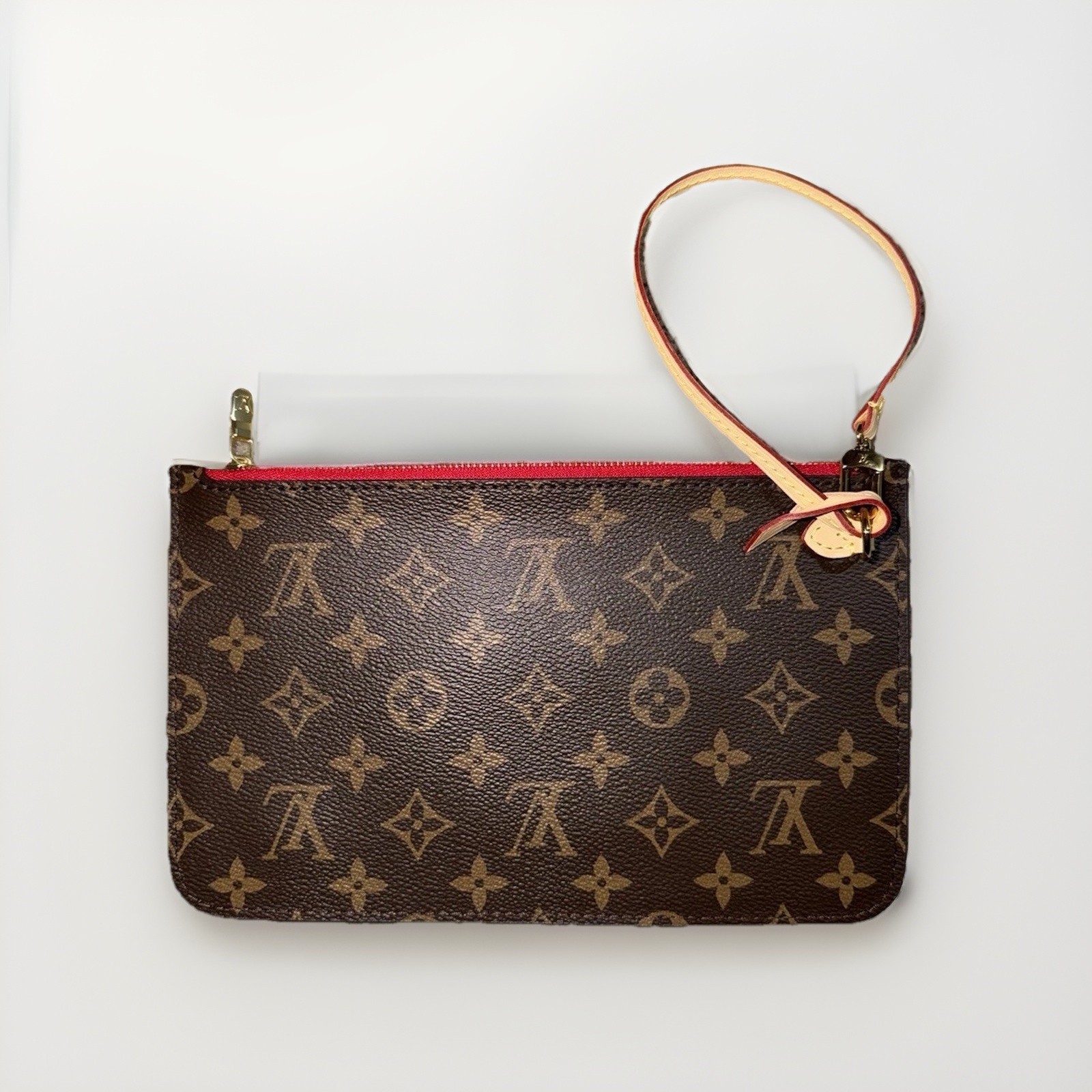 Louis Vuitton Monogram Wristlet Zip Pouch Brown/Red Lined Gold Hardware