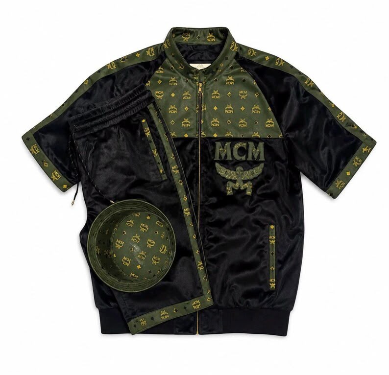 MCM Black Olive Leather Authentic Tracksuit Short-Sleeve Jacket, Shorts, and Hat